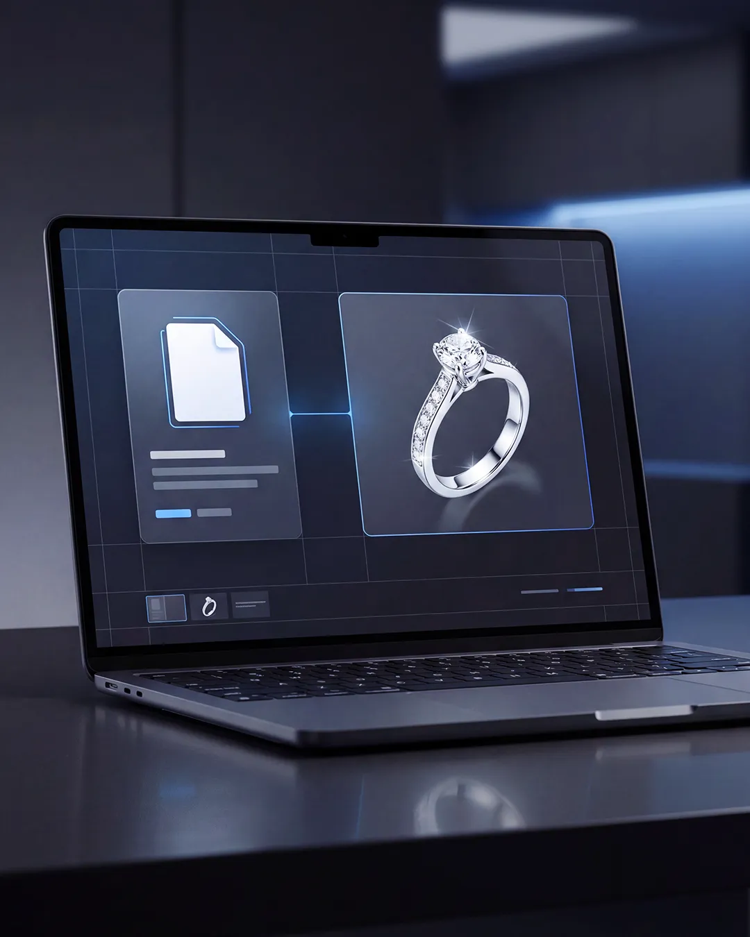 Digital concept brief displaying jewelry product details and creative asset planning on a laptop screen.