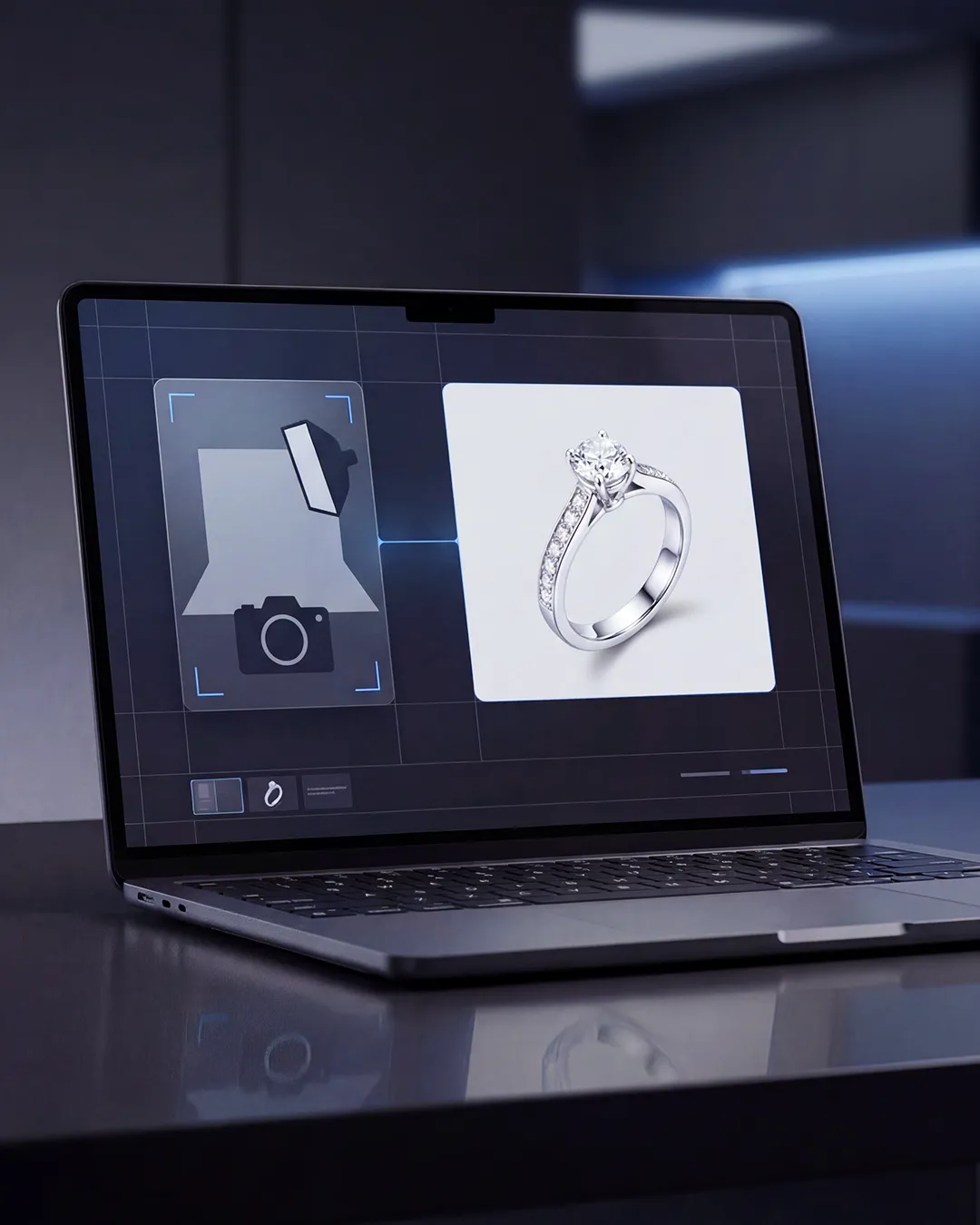 Photo and video asset production workflow displaying jewelry product photography and digital content creation.