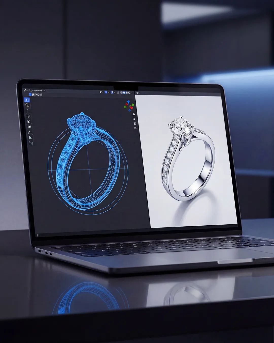 3D CGI asset production workflow showing a jewelry ring wireframe model and photorealistic render on a laptop.