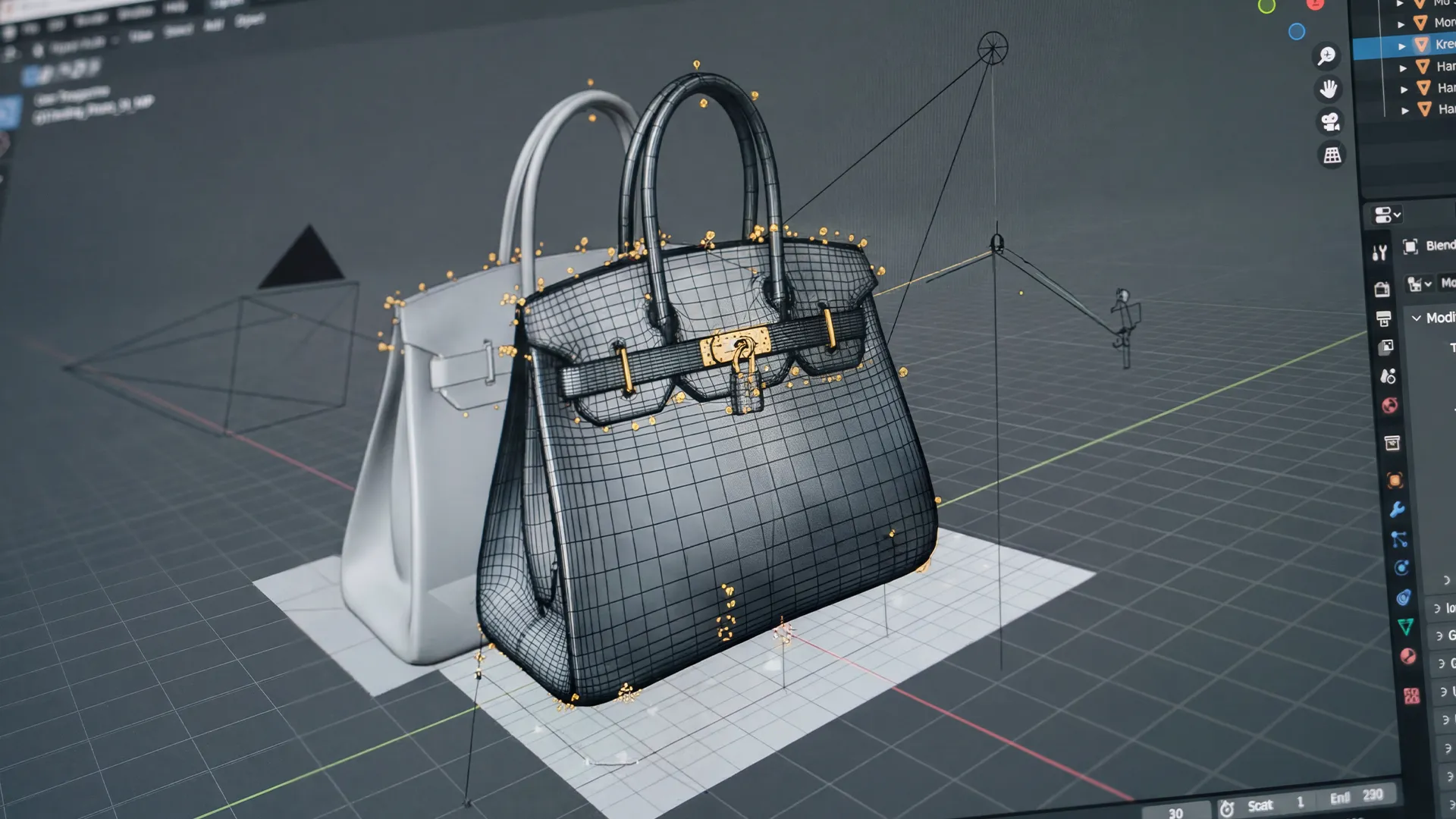 3D-CGI digital twin content showing a luxury handbag model with wireframe and product visualization design