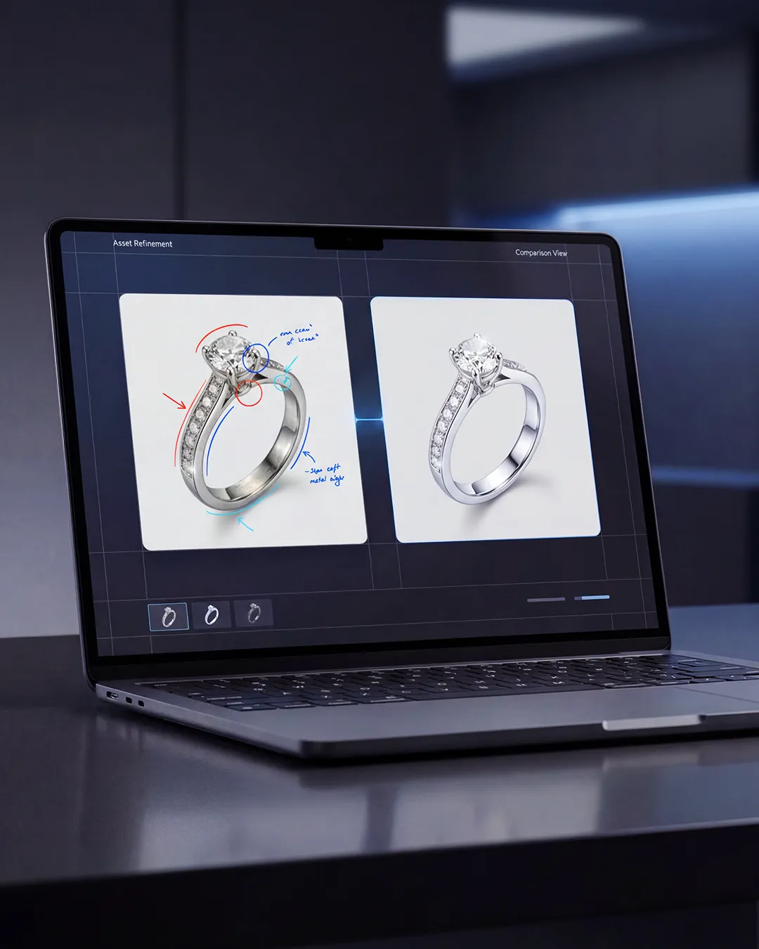 Quality control and post-production review showing annotated jewelry edits compared with the final approved asset.