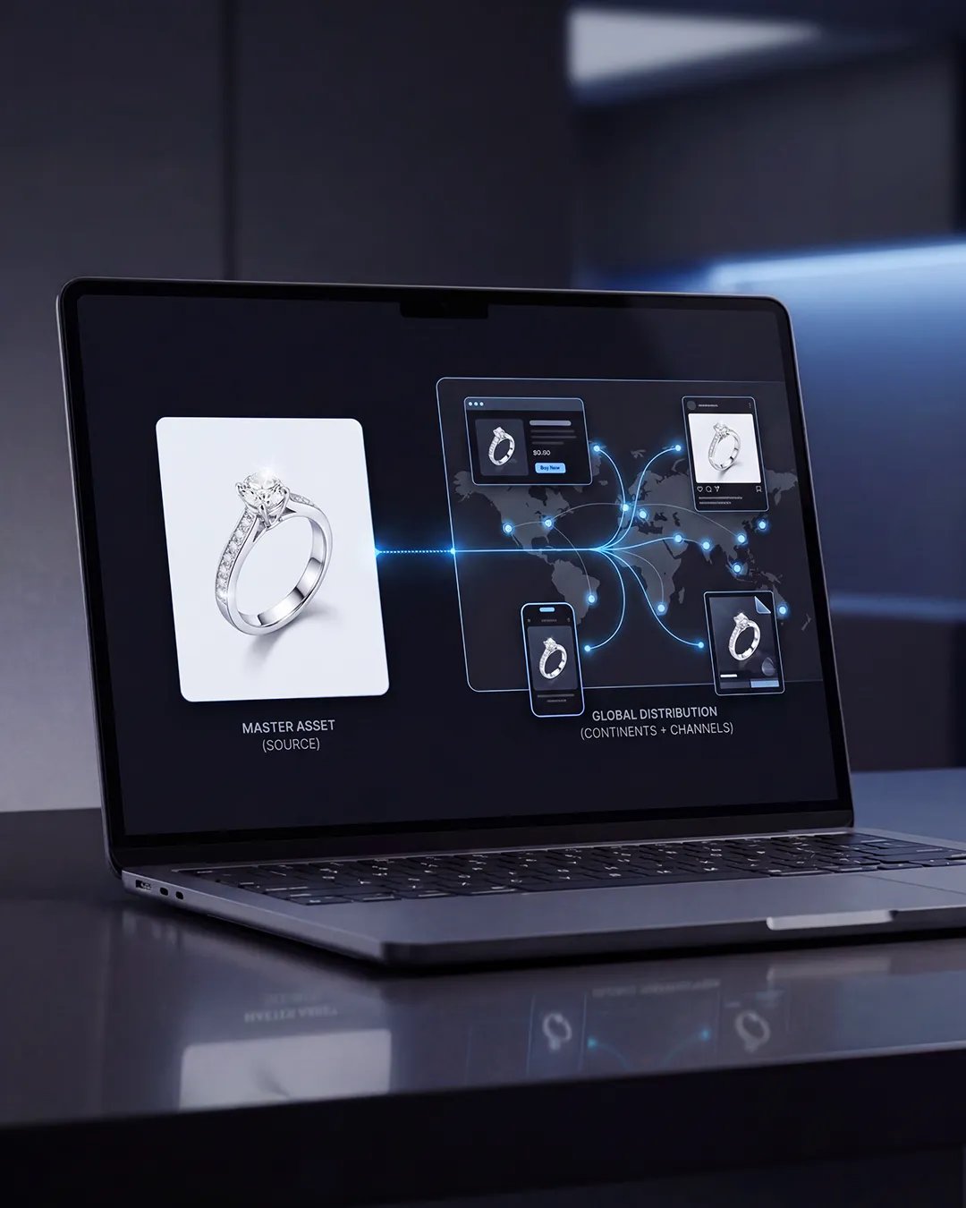 Automated content delivery dashboard distributing approved jewelry product assets across digital channels.