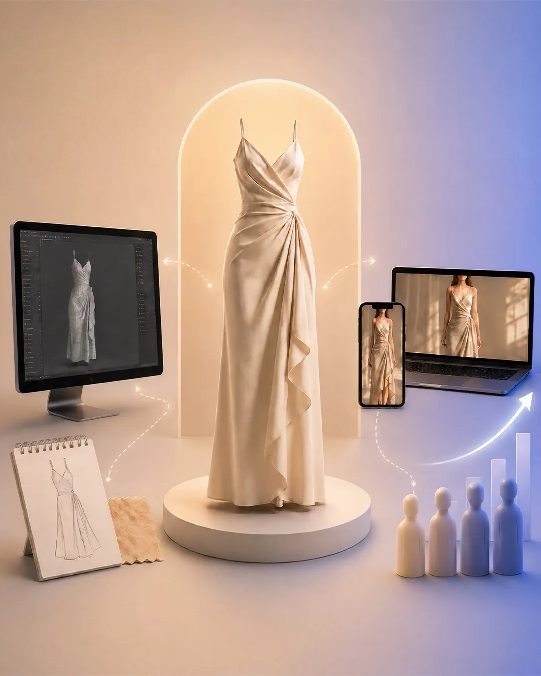 Creative production workflow showcasing fashion design, digital content creation, and omnichannel asset delivery