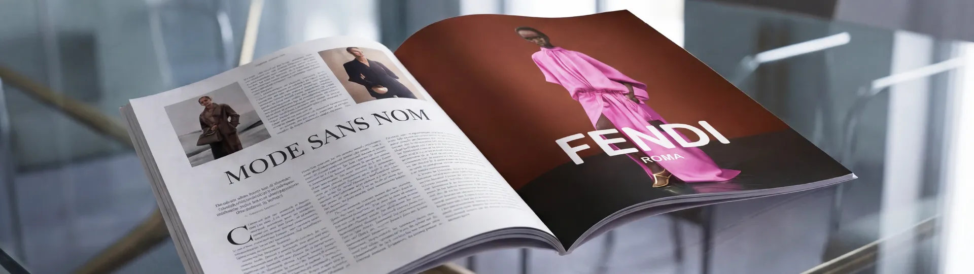 Luxury fashion editorial magazine spread featuring designer apparel and premium branded content production.