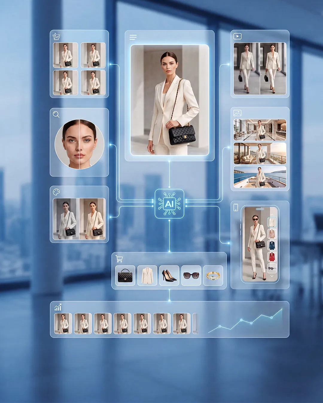AI-powered creative production and post-production workflow for fashion content, image enhancement, and asset optimization