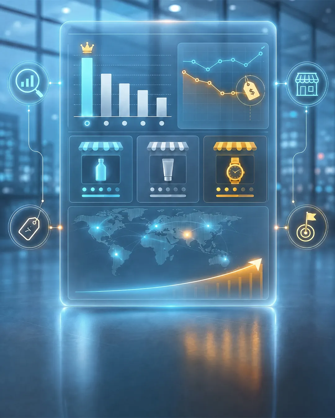 Competitive intelligence and marketplace analytics dashboard tracking pricing, product performance, and market trends