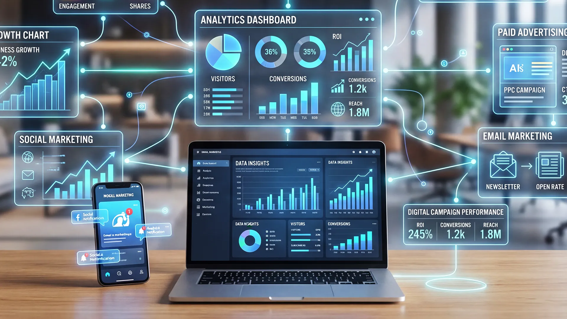 Digital marketing solution dashboard showing campaign analytics, social media, PPC, email marketing, and ROI tracking
