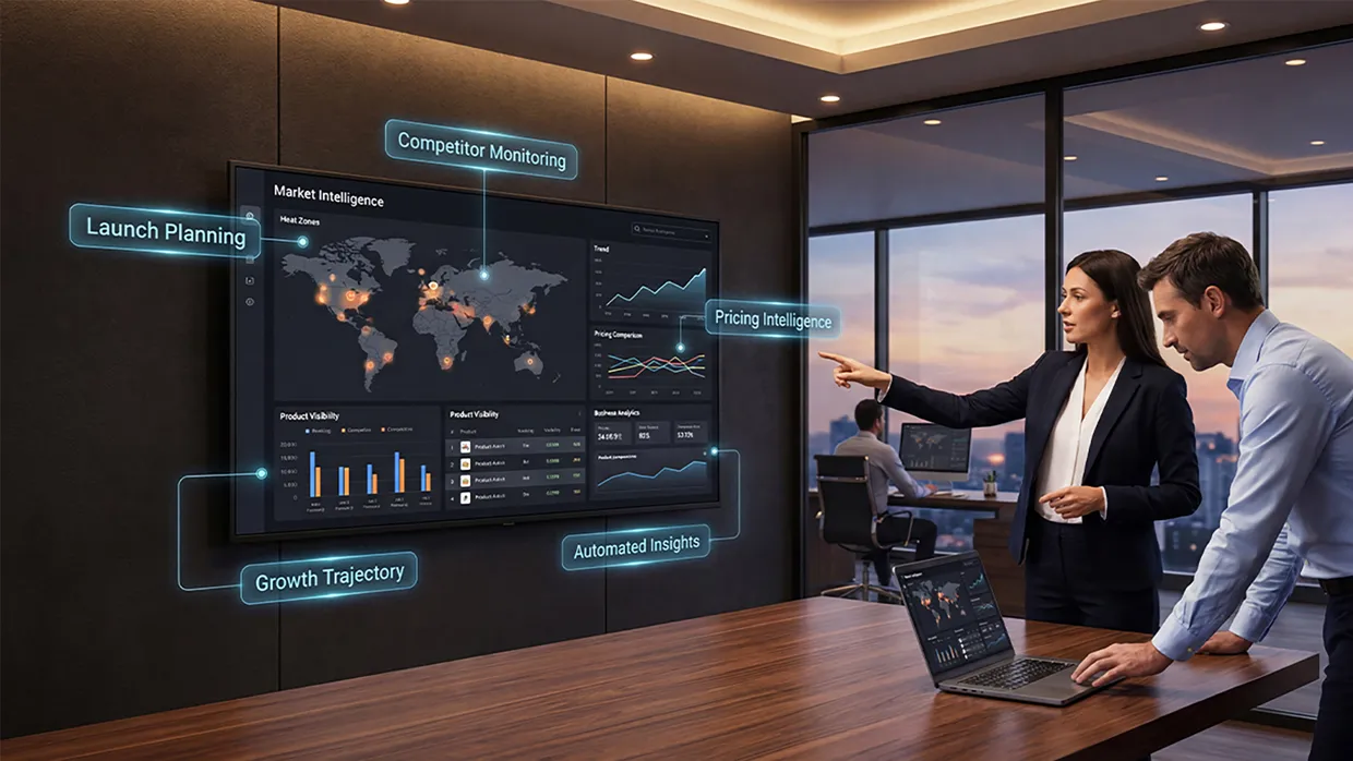 Market intelligence dashboard displaying competitor monitoring, pricing intelligence, growth analytics, and business insights