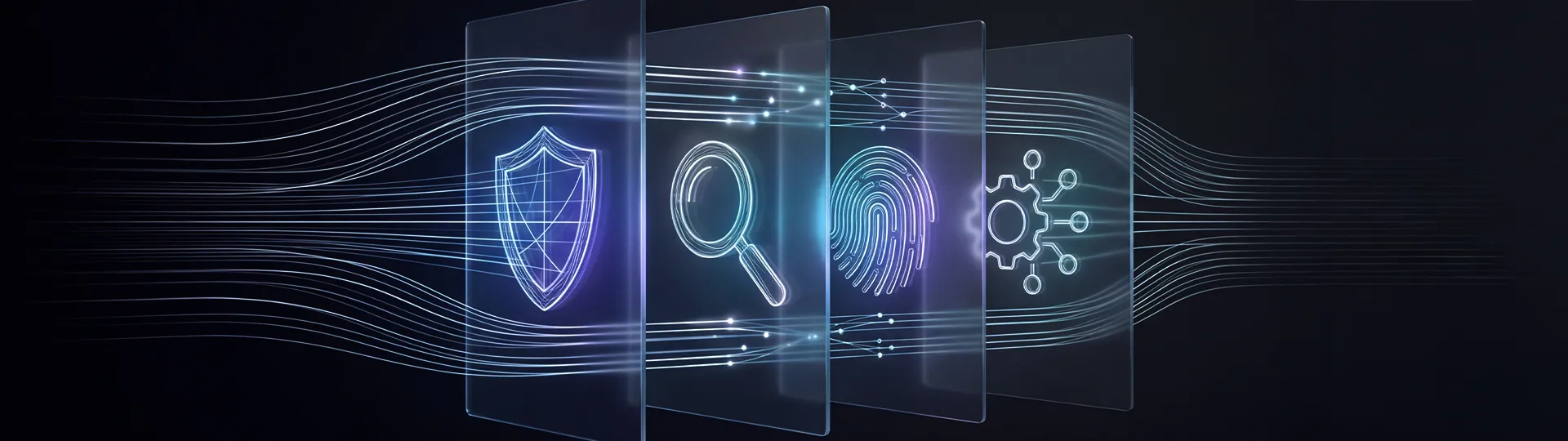 Cybersecurity graphic with shield, search, fingerprint, and system icons representing information security policy