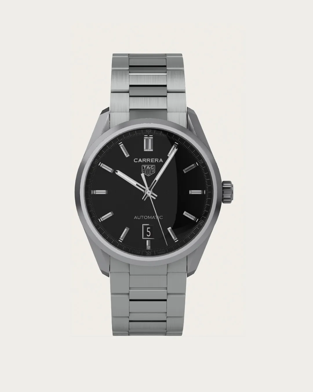 TAG Heuer Carrera automatic watch with black dial and silver stainless steel bracelet