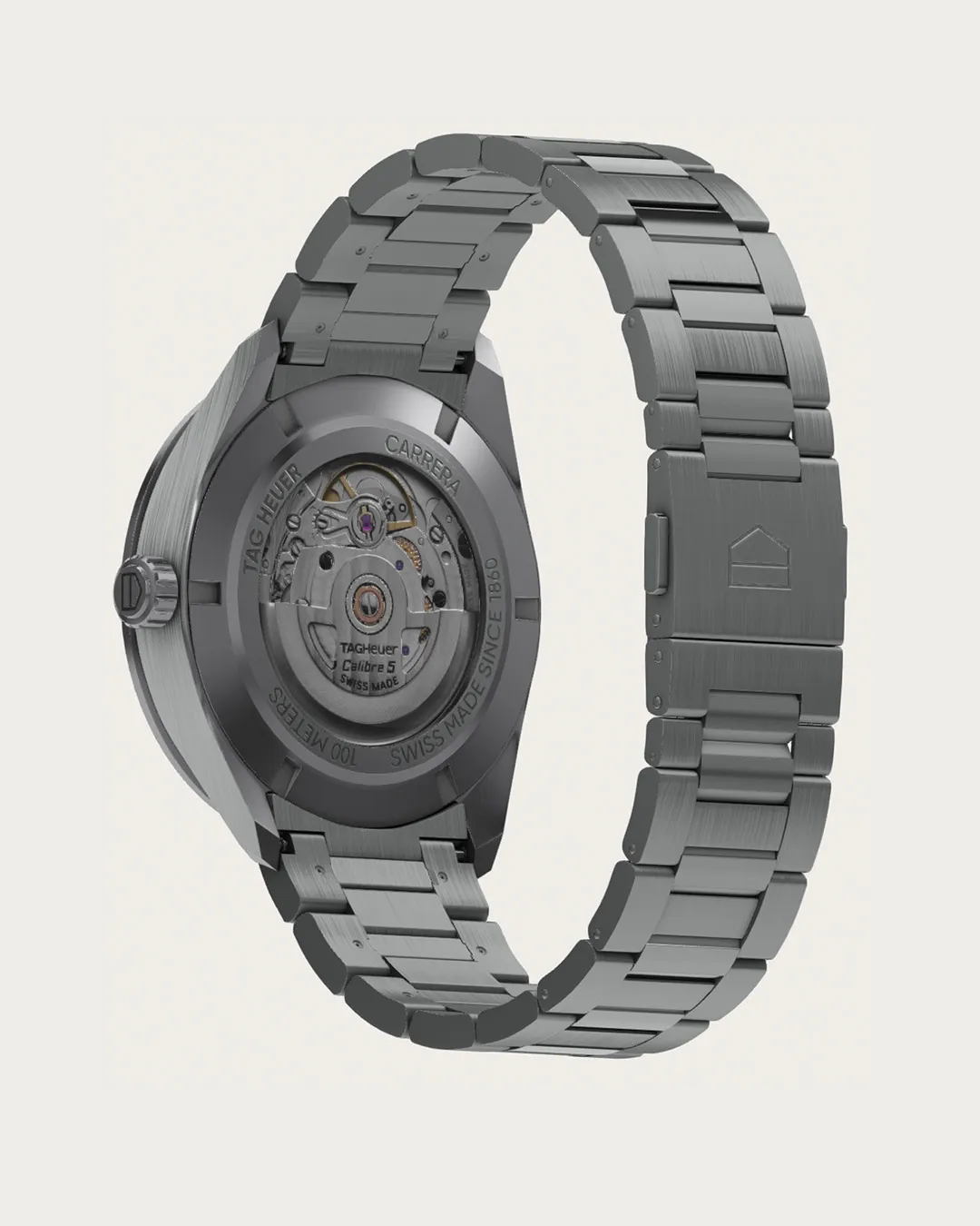 Back view of TAG Heuer Carrera automatic watch with stainless steel bracelet and visible movement